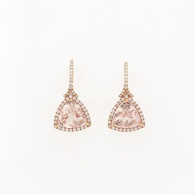 Lot 2438 - Pair of Rose Gold, Morganite and Diamond Pendant-Earrings