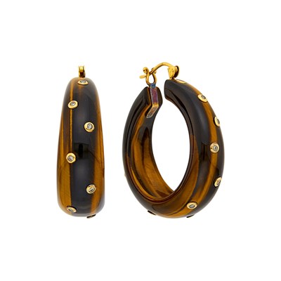 Lot 1042 - Pair of Gold, Tiger's Eye and Diamond Hoop Earrings