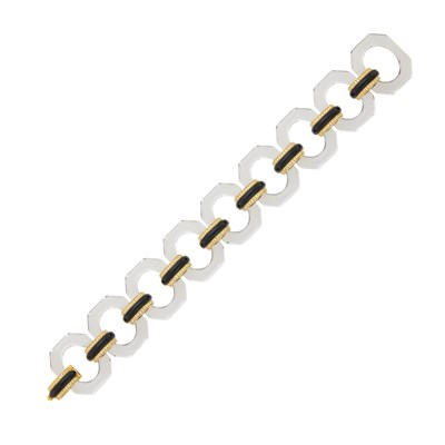Lot 1009 - Gold, Rock Crystal, Black Onyx and Diamond Link Bracelet