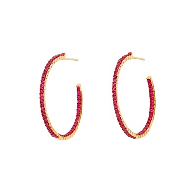 Lot 1093 - Pair of Two-Color Gold and Ruby Hoop Earrings