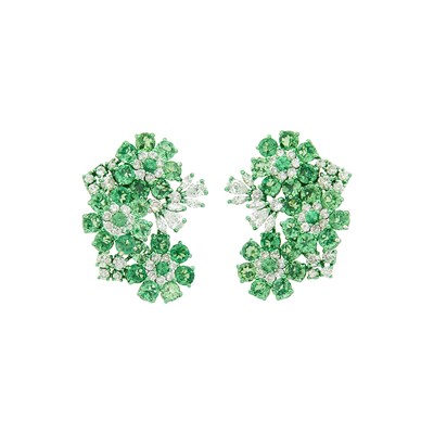 Lot 1147 - Pair of Electroplated Green and White Gold, Green Garnet and Diamond Floret Cluster Earrings