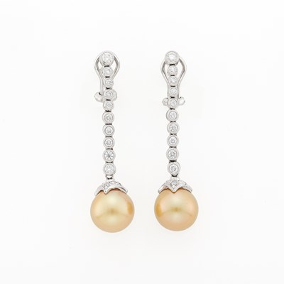 Lot 2336 - Pair of White Gold, Golden Cultured Pearl and Diamond Pendant-Earrings