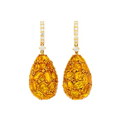 Lot 108 - Pair of Gold, Yellow Sapphire and Diamond Pendant-Earrings