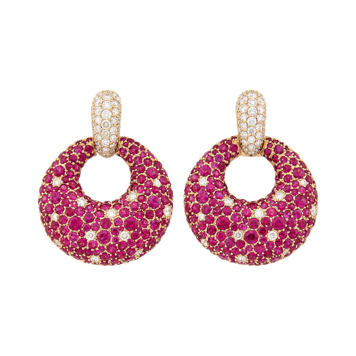 Lot 112 - Pair of Rose Gold, Ruby and Diamond Door Knocker Earrings