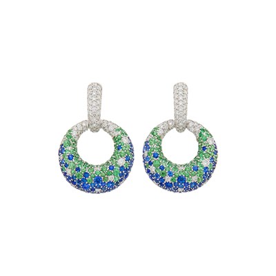 Lot 66 - Pair of White Gold, Tsavorite Garnet, Sapphire and Diamond Door Knocker Earrings