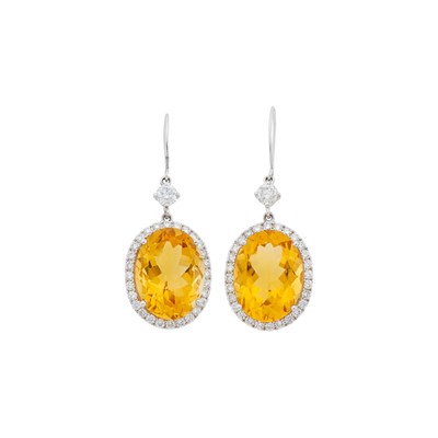 Lot 3259 - Pair of White Gold, Citrine and Diamond Pendant-Earrings