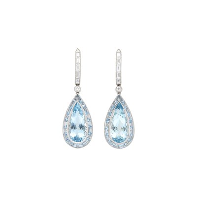 Lot 1171 - Pair of Platinum, Aquamarine and Diamond Pendant-Earrings