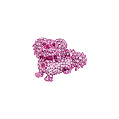 Lot 71 - Electroplated Pink Gold, Diamond and Cabochon Ruby Shih Tzu Dog Brooch