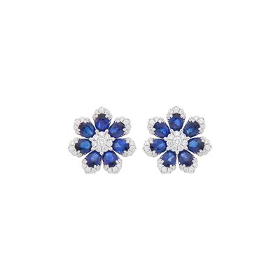 Lot 124 - Pair of White Gold, Sapphire and Diamond Flower Earrings