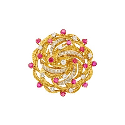 Lot 2314 - Two-Color Gold, Ruby and Diamond Brooch