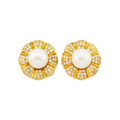 Lot 113 - George Schuler for Cartier Pair of Gold, South Sea Cultured Pearl and Diamond Earclips