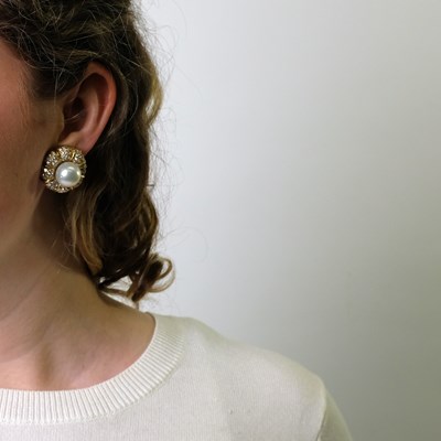 Lot 113 - George Schuler for Cartier Pair of Gold, South Sea Cultured Pearl and Diamond Earclips