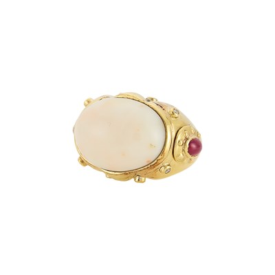 Lot 1024 - Puttini Capri Gold, Angel Skin Coral, Cabochon Ruby and Diamond Ring