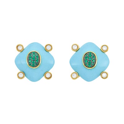 Lot 1235 - Pair of Gold, Blackened Gold, Turquoise Composite, Green Garnet and Moonstone Earclips