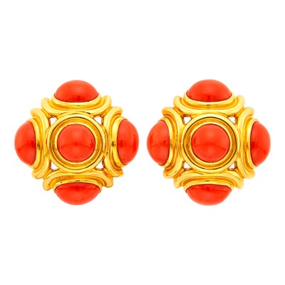 Lot 5 - Pair of Gold and Coral Earclips