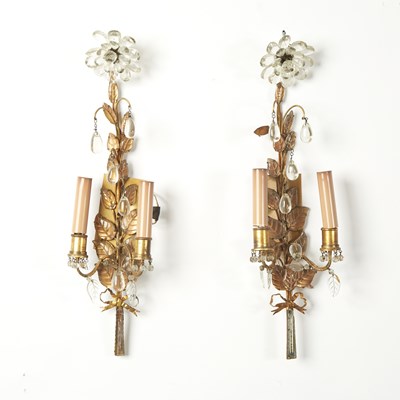 Lot 328 - Pair of Maison Baguès Style Gilt-Metal and Glass Two-Light Sconces