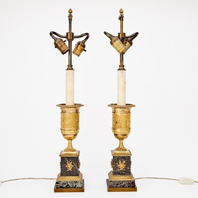 Lot 480 - Pair of Empire Style Gilt-Bronze and Verde Antico Marble Table Lamps