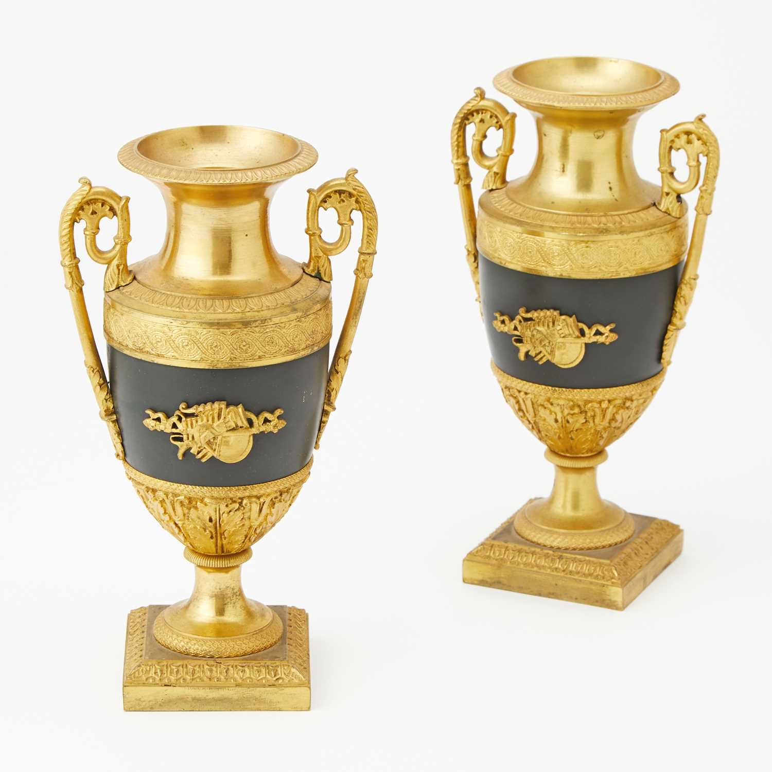 Lot 440 - Pair of Louis XVI Style Twin-Handled Gilt and Patinated Bronze Urns