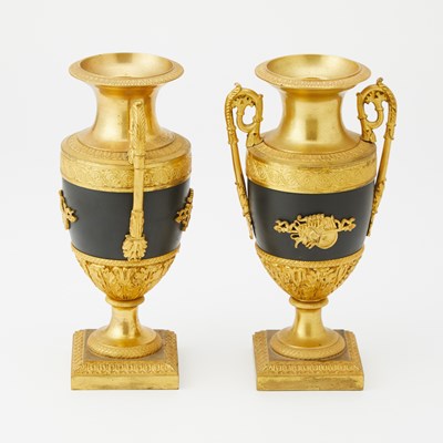 Lot 440 - Pair of Louis XVI Style Twin-Handled Gilt and Patinated Bronze Urns