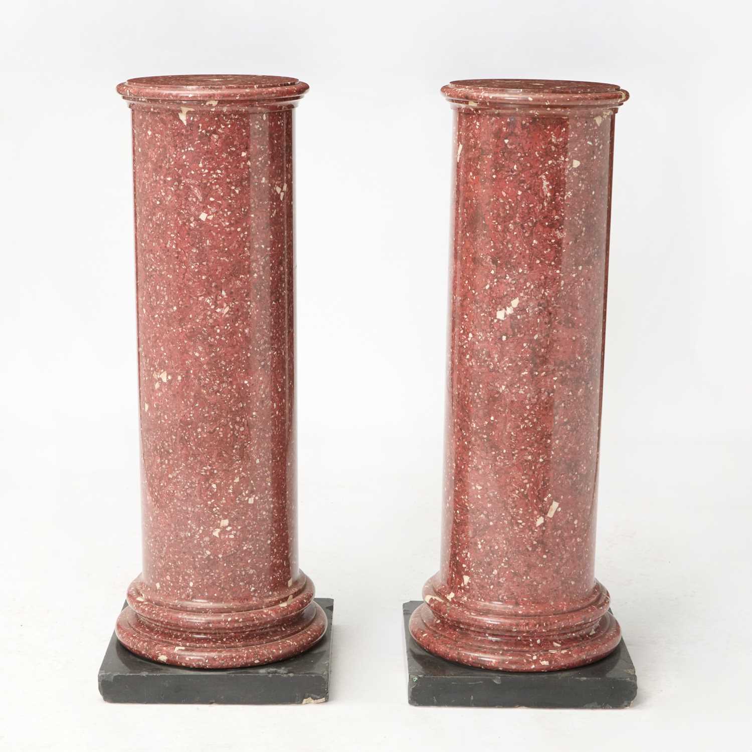 Lot 584 - Pair of White-Mottled Red Marble Pedestals