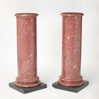 Lot 584 - Pair of White-Mottled Red Marble Pedestals