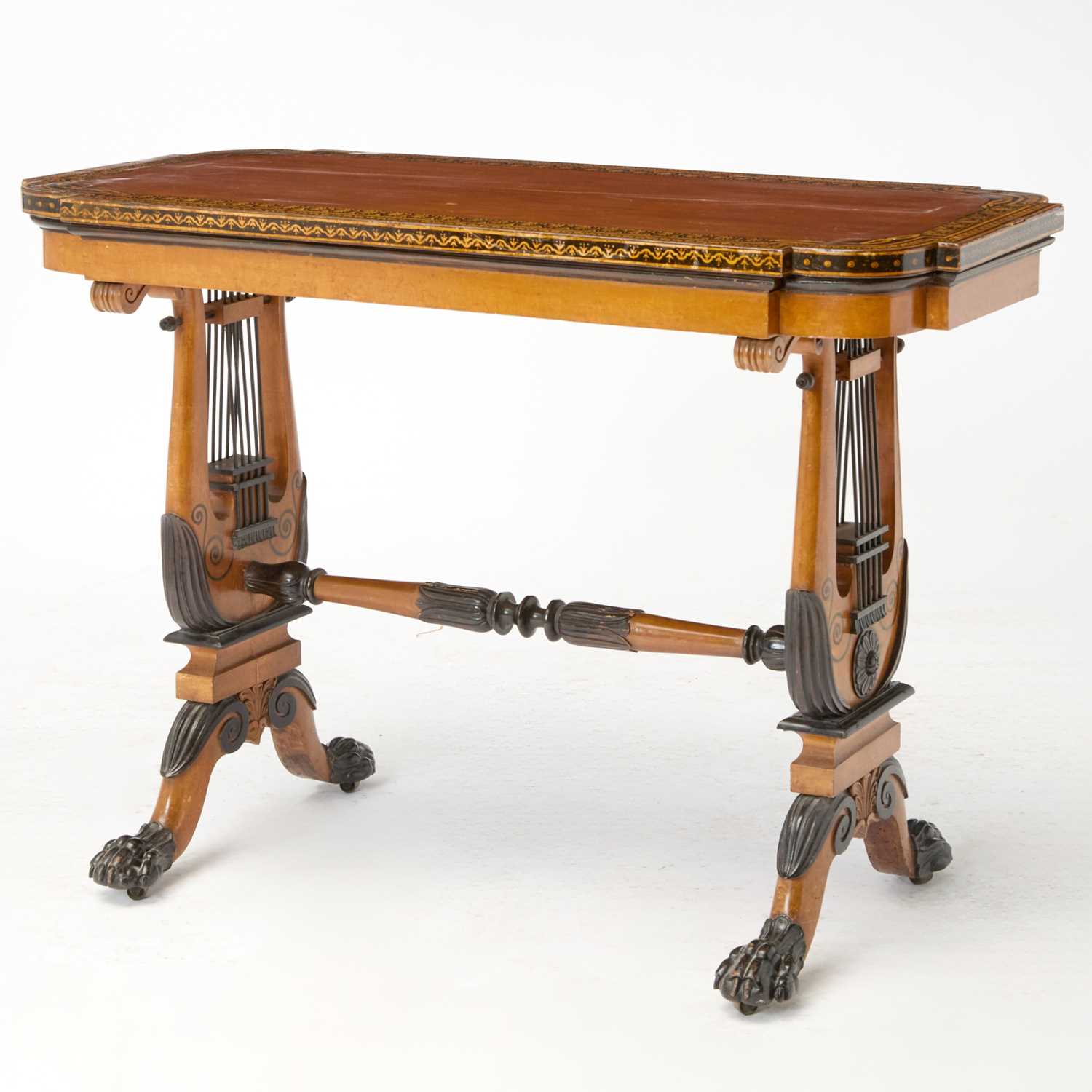 Lot 521 - Regency Style Penwork and Parcel-Ebonized Maple Writing Table