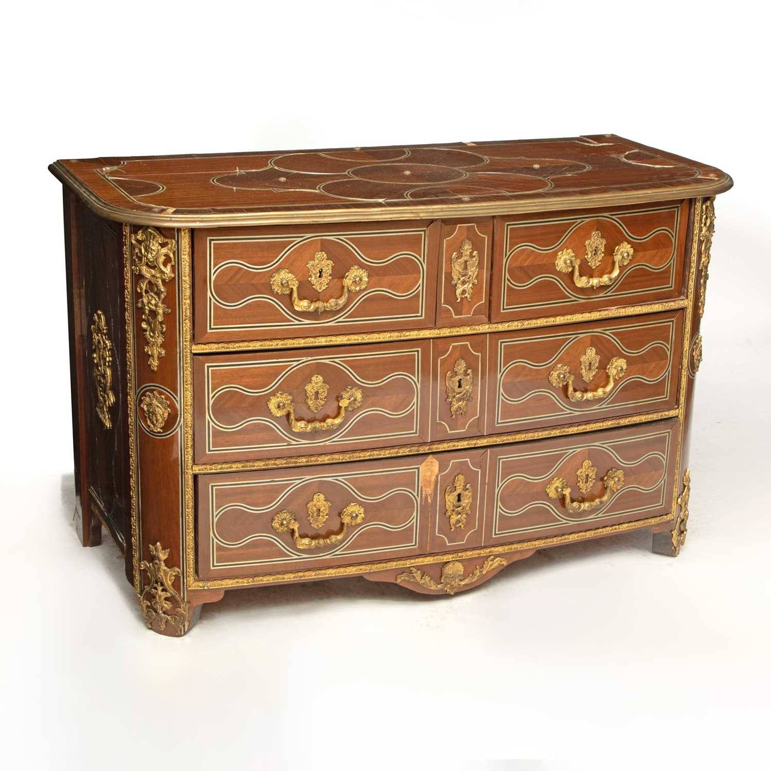 Lot 479 - Louis XIV Style Gilt-Bronze and Brass-Mounted Ebony and Pewter-Inlaid Bois Satiné Commode