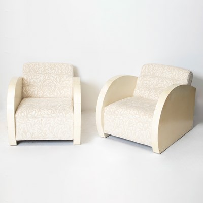 Lot 301 - Pair of Art Deco Upholstered Parchment Clad Club Chairs