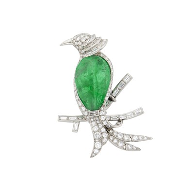 Lot 149 - Platinum, Emerald and Diamond Bird Clip-Brooch