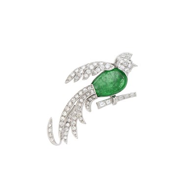 Lot 151 - Platinum, Cabochon Emerald and Diamond Bird Clip