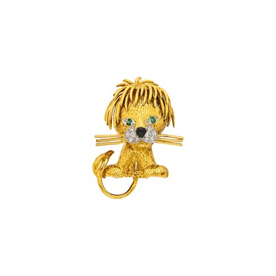 Lot 1010 - Van Cleef & Arpels Gold, Diamond, Emerald and Black Enamel Lion Clip-Brooch, France