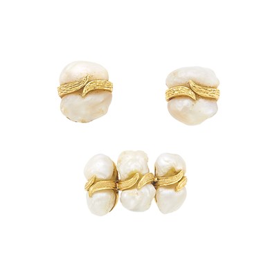 Lot 1113 - Ruser Gold, Baroque Freshwater Pearl Ring and Pair of Stud Earrings