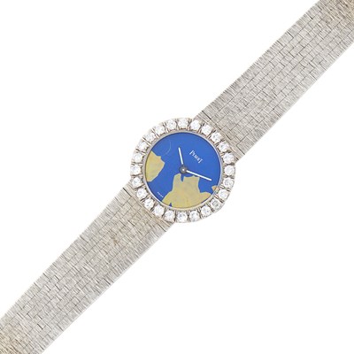 Lot 77 - Piaget White Gold, Blue Enamel and Diamond Wristwatch