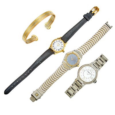 Lot 1321 - Tricolor Gold Cuff Bracelet and Group of Wristwatches