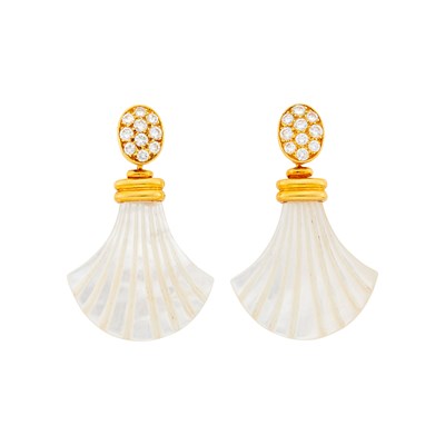 Lot 198 - Van Cleef & Arpels Gold and Diamond Earrings, France, with Interchangeable Carved Fan Pendants