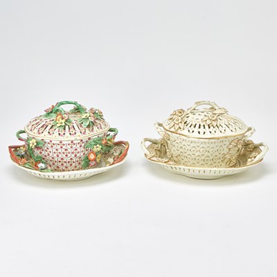 Lot 622 - Two Worcester Porcelain Reticulated Chestnut Baskets, Covers and Stands