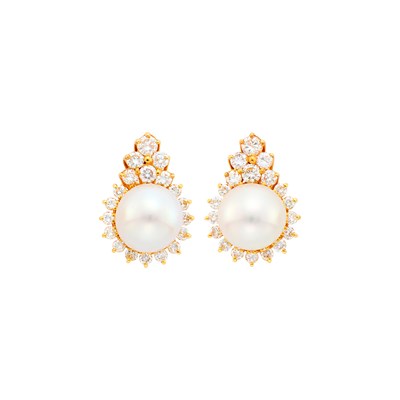 Lot 10 - Pair of Gold, South Sea Cultured Pearl and Diamond Earrings