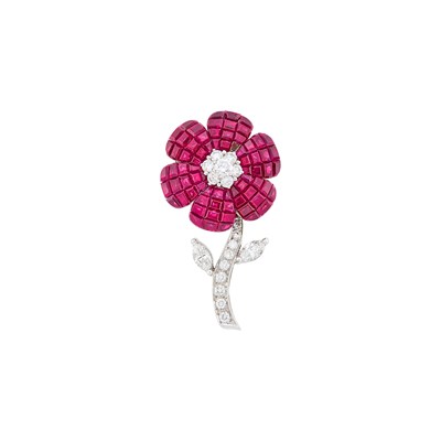 Lot 65 - White Gold, Invisibly-Set Ruby and Diamond Flower Clip-Brooch