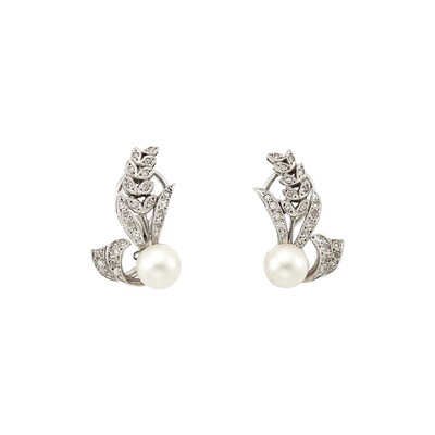 Lot 2274 - Pair of Platinum, Cultured Pearl and Diamond Earclips