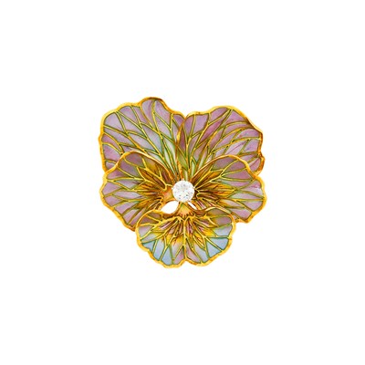 Lot 170 - Antique Gold, Plique-à-Jour Enamel and Diamond Pansy Pendant-Brooch