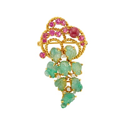 Lot 1055 - Gold, Carved Emerald, Cabochon Ruby and Pink Tourmaline and Diamond Brooch