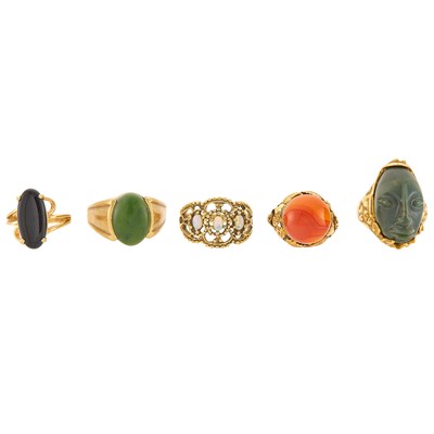 Lot 2406 - Four Gold and Hardstone Rings and Gilt-Metal and Glass Ring