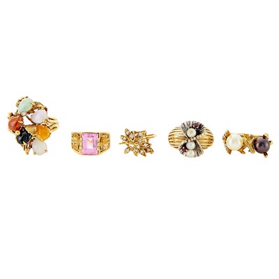 Lot 1171 - Five Gold and Hardstone Rings