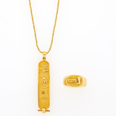 Lot 1269 - Gold Egyptian Hieroglyph Pendant with Chain Necklace and Ring