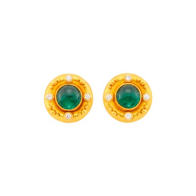 Lot 103 - Elizabeth Locke Pair of Hammered Gold, Cabochon Tourmaline, Mother-of-Pearl and Diamond Earclips