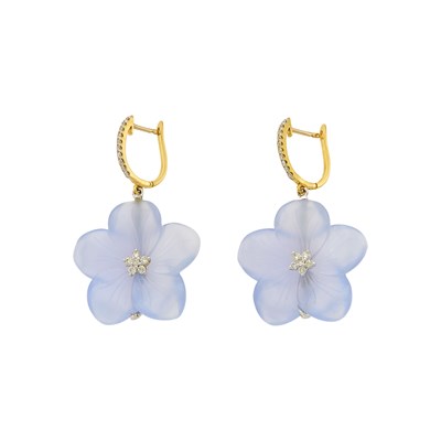 Lot 1034 - Pair of Gold, Carved Blue Chalcedony and Diamond Flower Pendant-Earrings