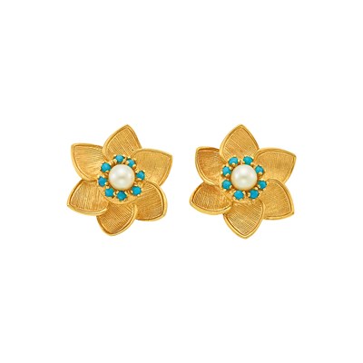 Lot 1022 - Pair of Gold, Cultured Pearl and Turquoise Flower Earrings