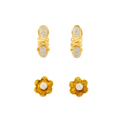 Lot 2400 - Pair of Two-Color Gold Earrings and Pair of Low Karat Gold and Diamond Flower Earrings