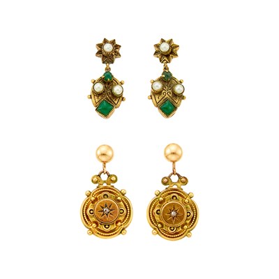 Lot 2235 - Pair of Antique Gold and Diamond Pendant-Earrings and Costume Earrings