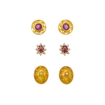 Lot 2399 - Pair of Gold Earrings, Amethyst Earrings and Ruby and Diamond Earrings